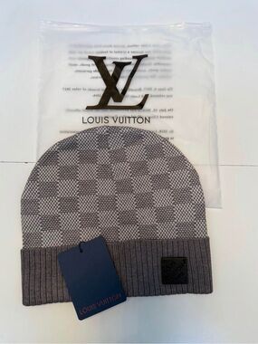 Louis Vuitton Gray Check Knit Beanie - Designer Men’s Hat